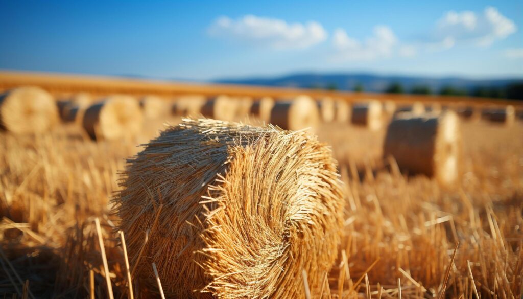 Agriculture industry rolls golden hay bales in nature meadow generated by AI Free Photo