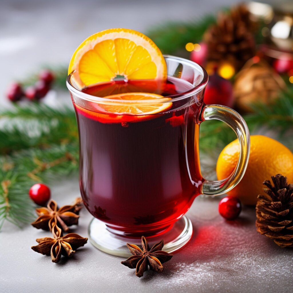 AI Generated delicious Christmas mulled wine drink with citrus, cinnamon, spices. Free Photo