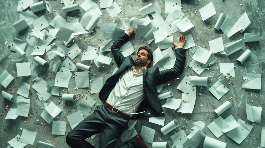 AI Generated exhausted businessman lying down on the ground with huge of flying documents and paper. Free Photo