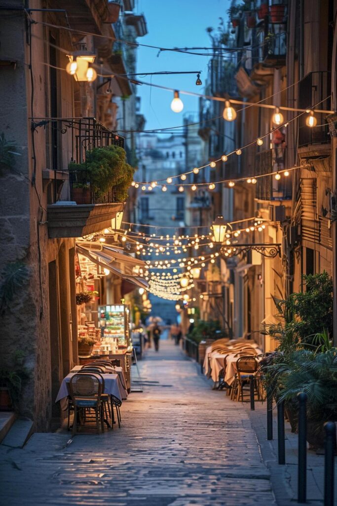 alleyway illuminated hanging light flanked restaurants and cafes during the evening Ai generated Free Photo