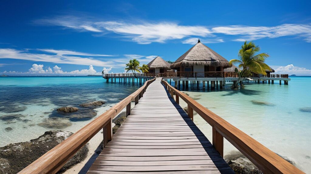 AI generated Amazing sunny panorama at Maldives. Luxury resort villas seascape with boost up colors, blue sea sky, fantastic jetty. Perfect summer vacation holiday background. Stock Free