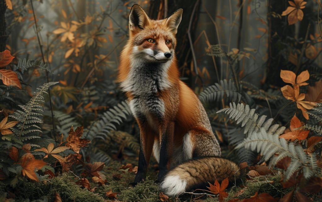 An adult fox sits amidst a lush forest, its striking orange fur Free Photo