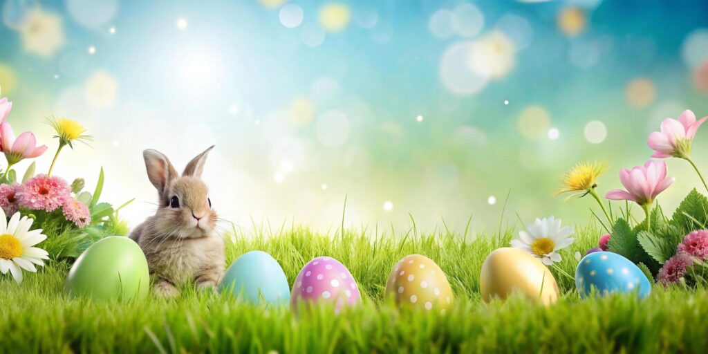 AI generated An Easter Background With A Bunny, Eggs And Flowers Stock Free