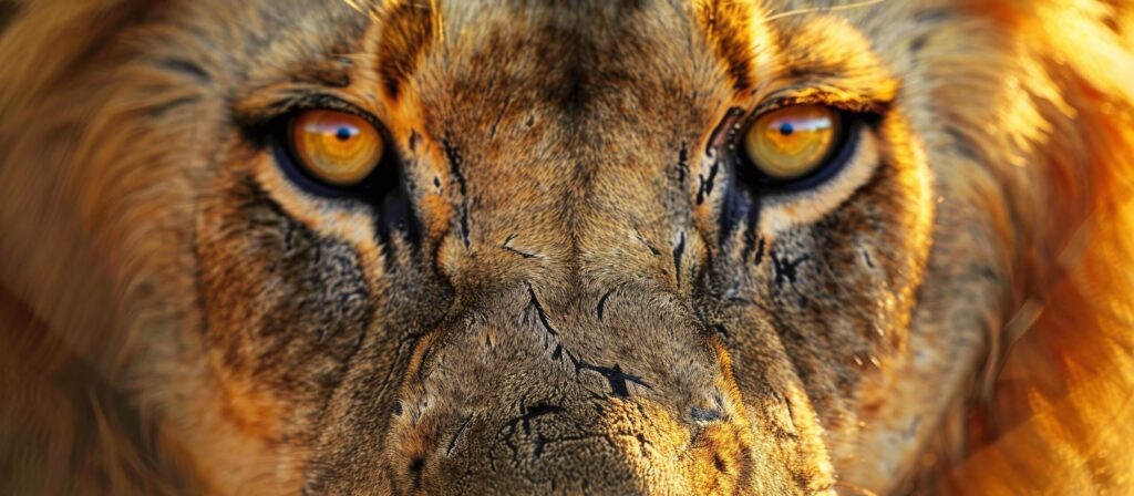 an extreme closeup of a wild lion face and eyes Free Photo