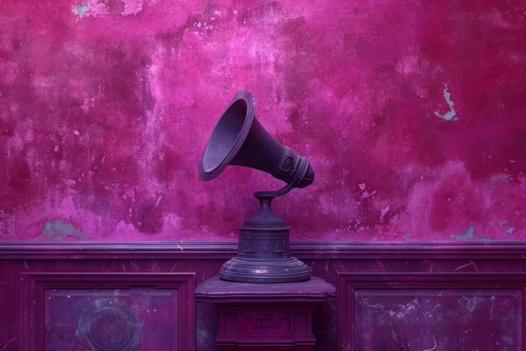 AI generated an oldworld phonograph is on a pedestal at a purple wall Stock Free