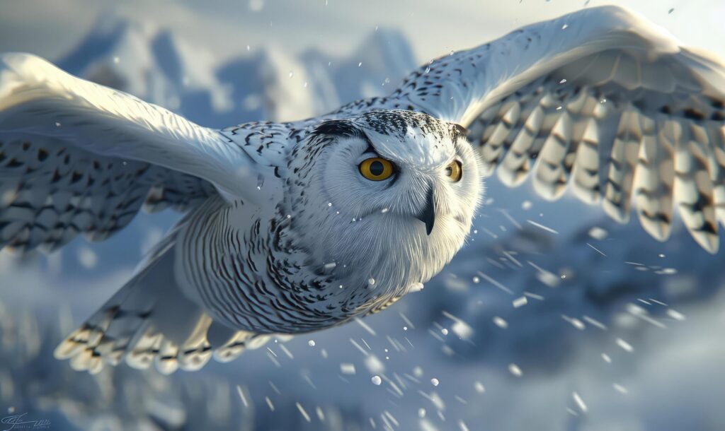 an owl flying over snowy mountains Free Photo