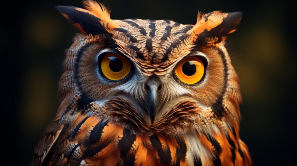 an owl with bright yellow eyes is shown in this image Free Photo