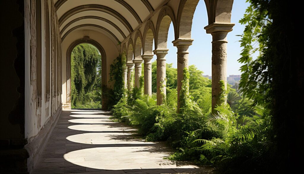 Ancient abbey, courtyard, arch, nature, history, spirituality generated by AI Free Photo