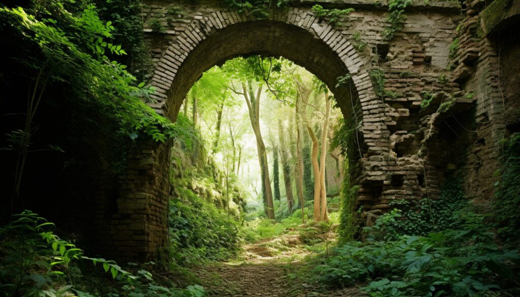 Ancient stone bridge connects nature green forest generated by AI Free Photo