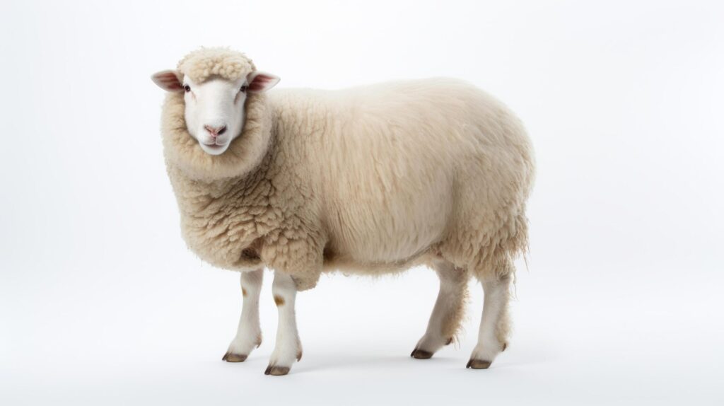 Animal rights concept A calm white sheep with a thick woolly coat, standing against a plain white background. Free Photo