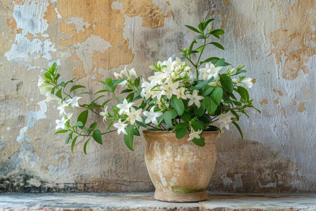 Antique Ceramic Pot with Fresh Jasmine Flowers Free Photo