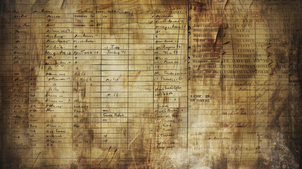 Antique Ledger Texture, Weathered with Faded Writing and Tabulations, Evoking Vintage Charm for Junk Journal Backgrounds Free Photo