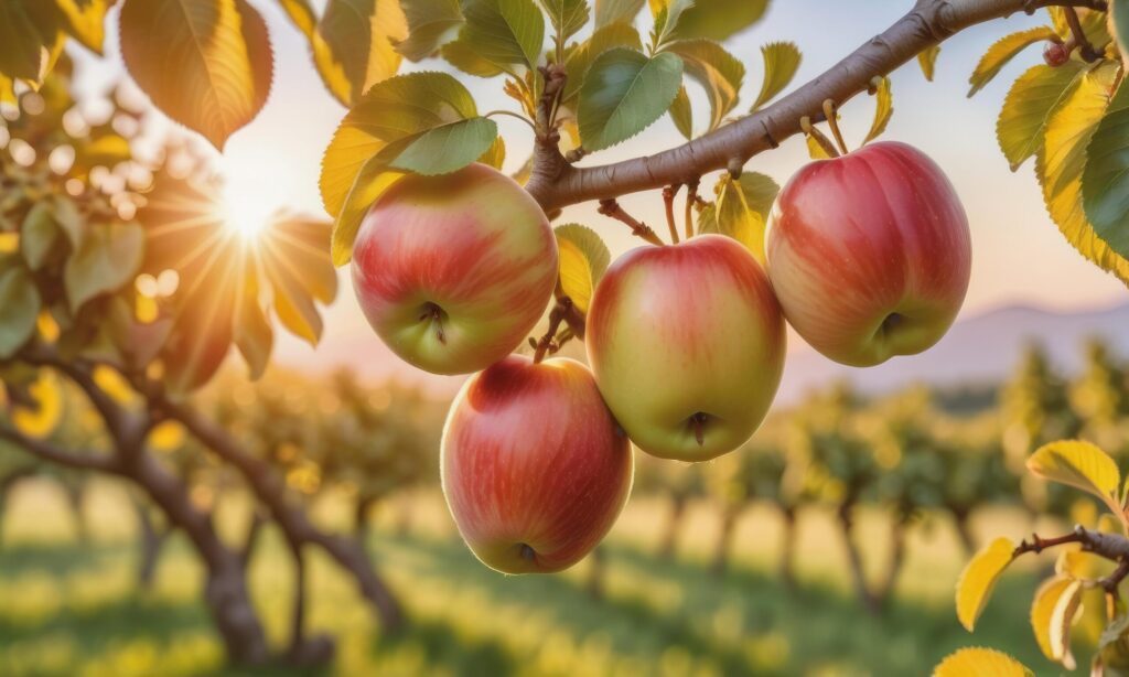 apple on a tree branch in the garden at sunset Free Photo