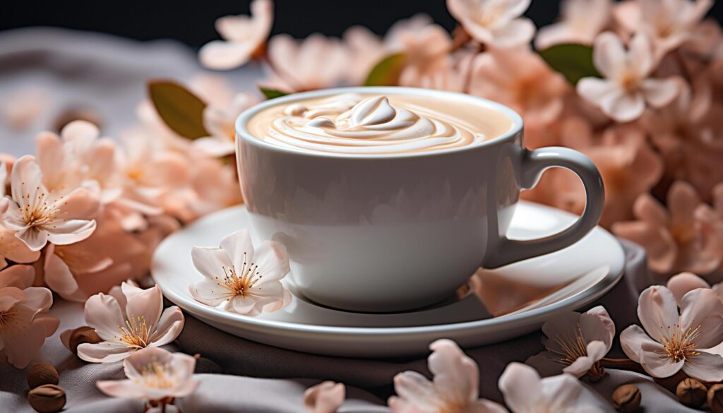 Aromatherapy Refreshing scented flower, hot coffee, frothy drink generated by AI Free Photo