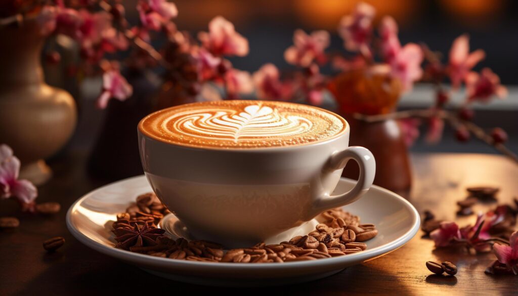 Aromatic coffee cup on wooden table, frothy cappuccino freshness generated by AI Free Photo