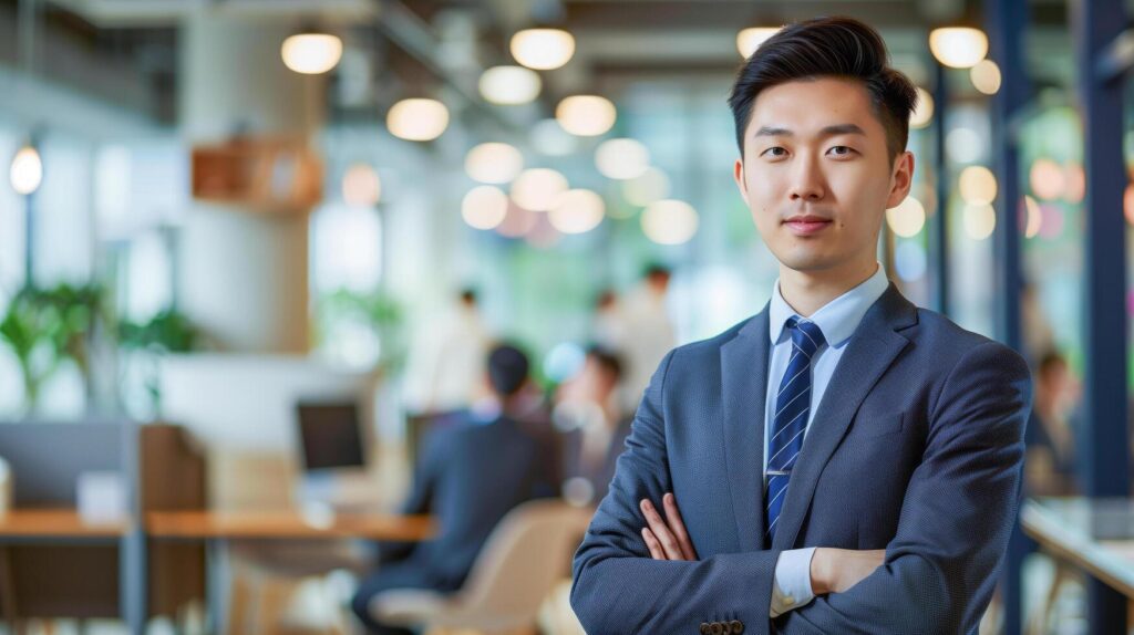 AI generated Asian businessman in suit in office, suitable for business presentations, corporate websites, brochures, and financial reports. Ideal for professional settings. Stock Free