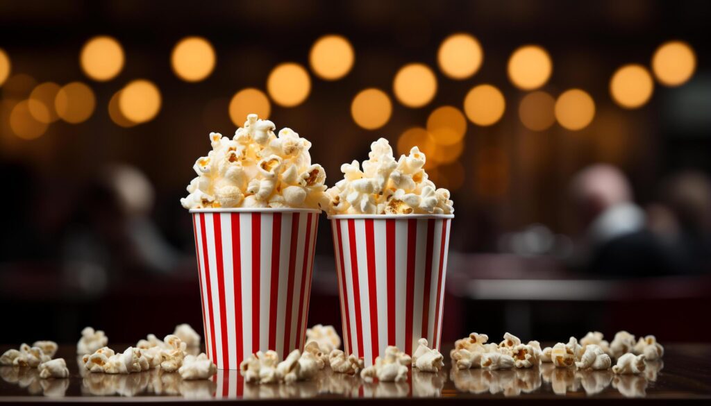 Audience enjoying movie snacks on striped table in theater generated by AI Free Photo