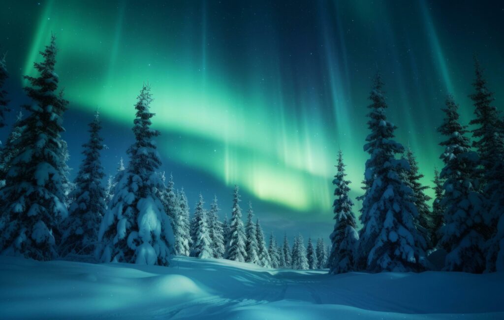 Aurora borealis in winter with a snow covered forest Free Photo