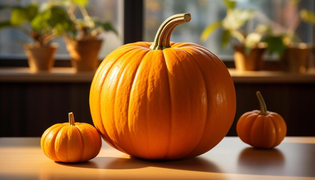 Autumn celebration pumpkin decoration, fresh gourd on wooden table generated by AI Free Photo