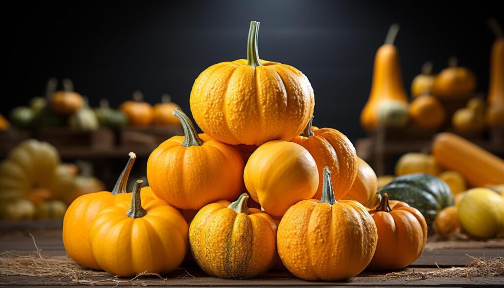 Autumn celebration pumpkin lanterns adorn rustic wooden table generated by AI Free Photo