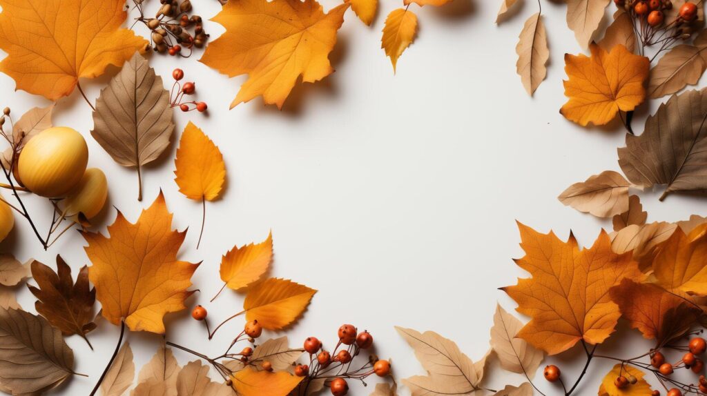 AI generated Autumn leaves and a sheet of parchment paper on a white background from above. With space for text. Minimal Thanksgiving and Halloween Seasonal Design Art. Stock Free