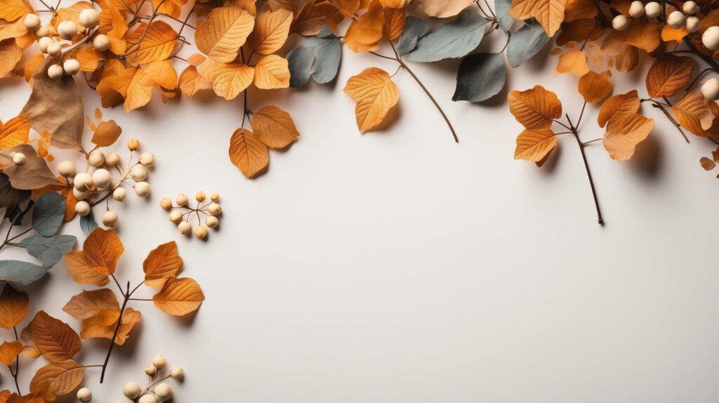 Autumn leaves and a sheet of parchment paper on a white background from above. With space for text. Minimal Thanksgiving and Halloween Seasonal Design Art. Free Photo