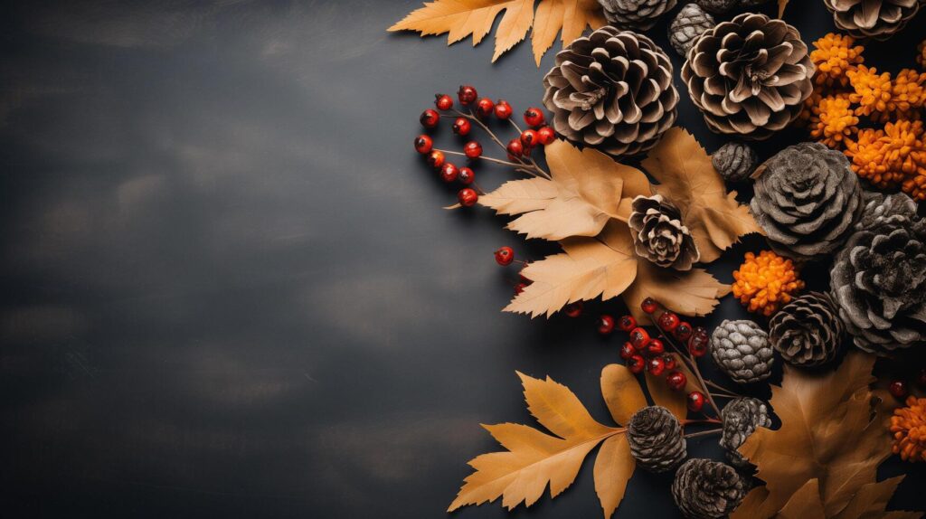 AI generated Autumn leaves with pine cones and berries and a sheet of parchment paper on a dark gray background from above. With space for text. Stock Free