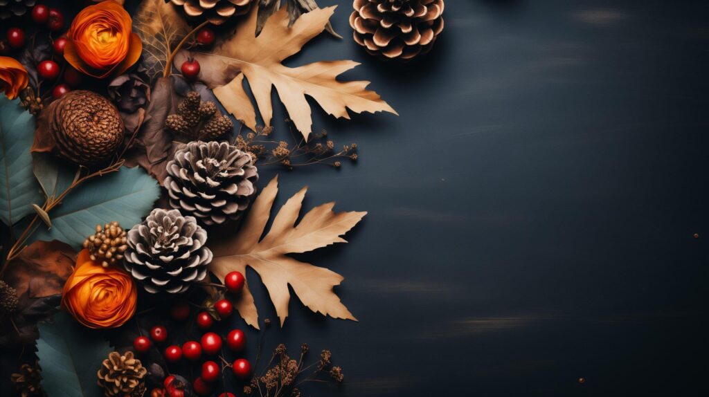 Autumn leaves with pine cones and berries and a sheet of parchment paper on a dark gray background from above. With space for text. Free Photo