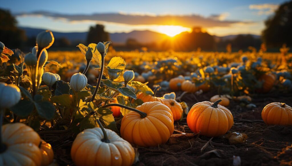 Autumn sunset paints vibrant pumpkin lanterns in nature meadow generated by AI Free Photo