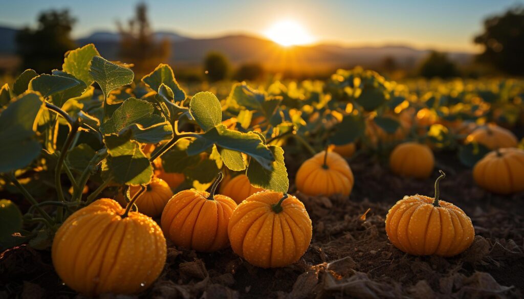 Autumn sunset, pumpkin harvest, nature lantern in October generated by AI Free Photo