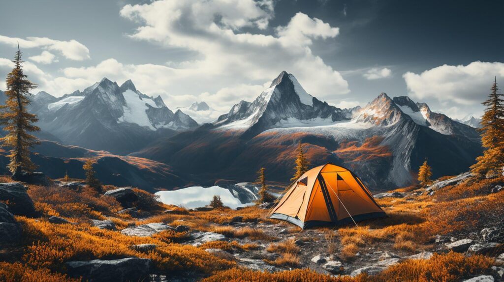 Awesome camping in top of mountain. Lonely Green tent is hidden in a mountain forest among red dwarf birch bushes. Tourism concept adventure voyage outdoor Free Photo