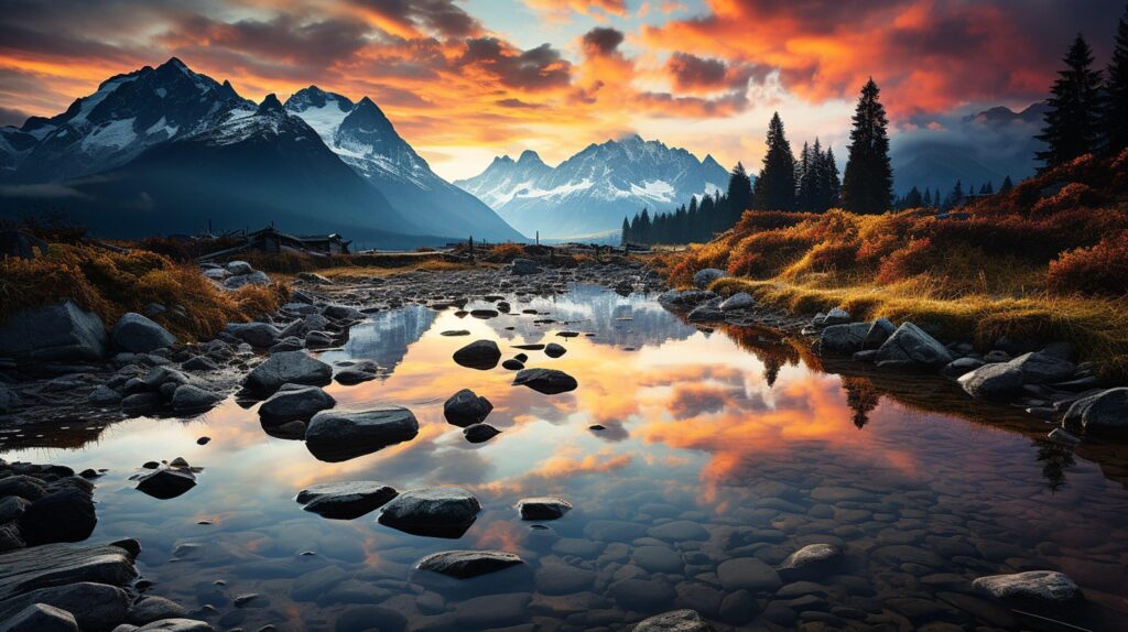 Awesome nature landscape. Beautiful scene with high Tatra mountain peaks, stones in mountain lake, calm lake water, reflection, colorful sunset sky. Free Photo