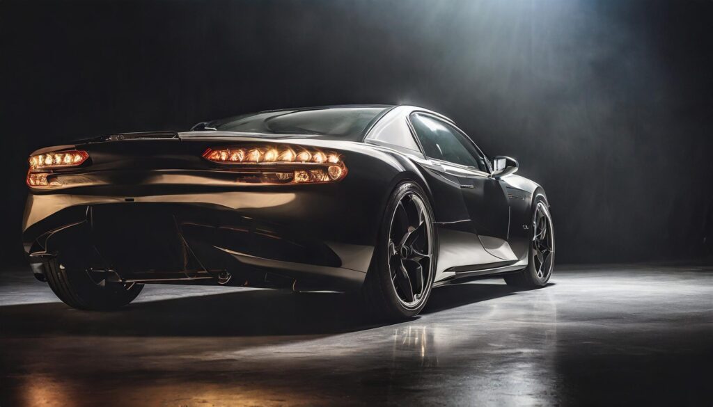 Back shot of a black sports car in a dark studio Free Photo