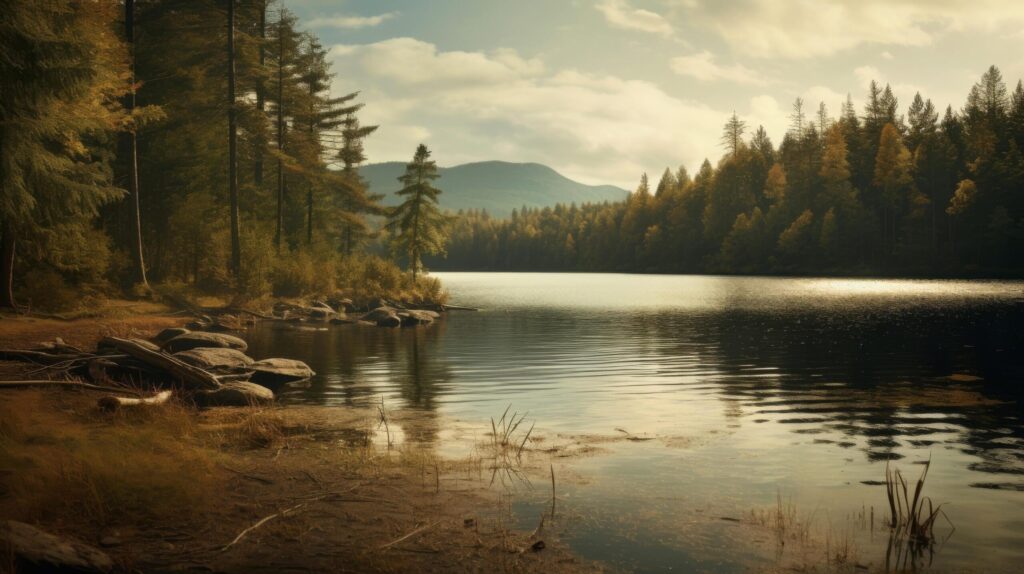 Background of lake landscape with green trees and blue sky Free Photo