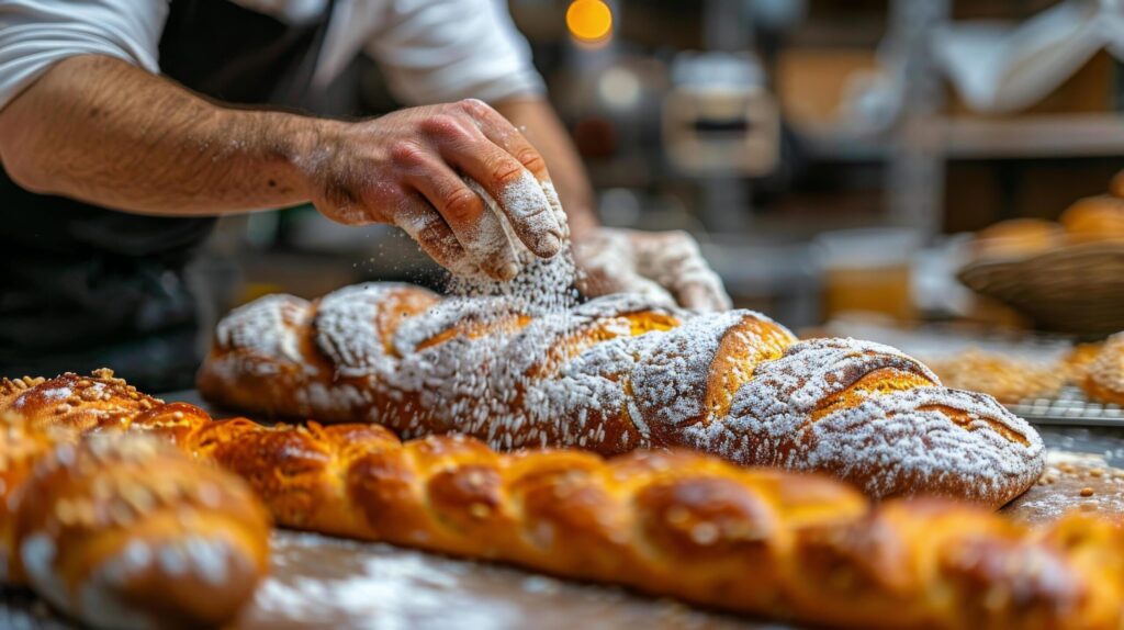 Baker Dusting Powdered Sugar on Loaf of Bread Free Photo