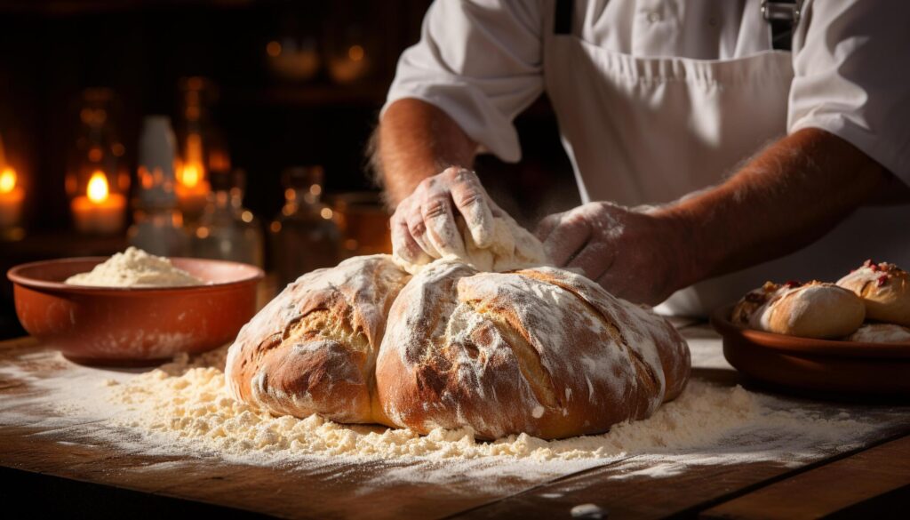 Baker kneading dough, preparing homemade bread with freshness generated by AI Free Photo