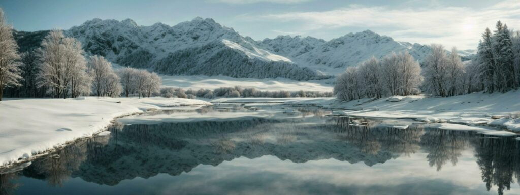 banner winter nature the crisp reflections of snow-covered trees and mountains on calm, cold waters to evoke a sense of peaceful winter magic. Free Photo