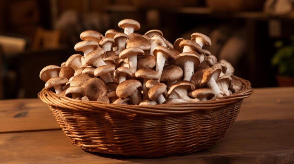 Basket brimming with fresh shiitake mushrooms Free Photo