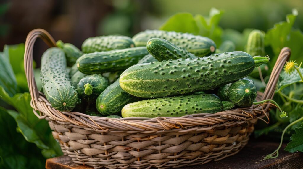 Basket of Cucumbers on Wooden Table Free Photo