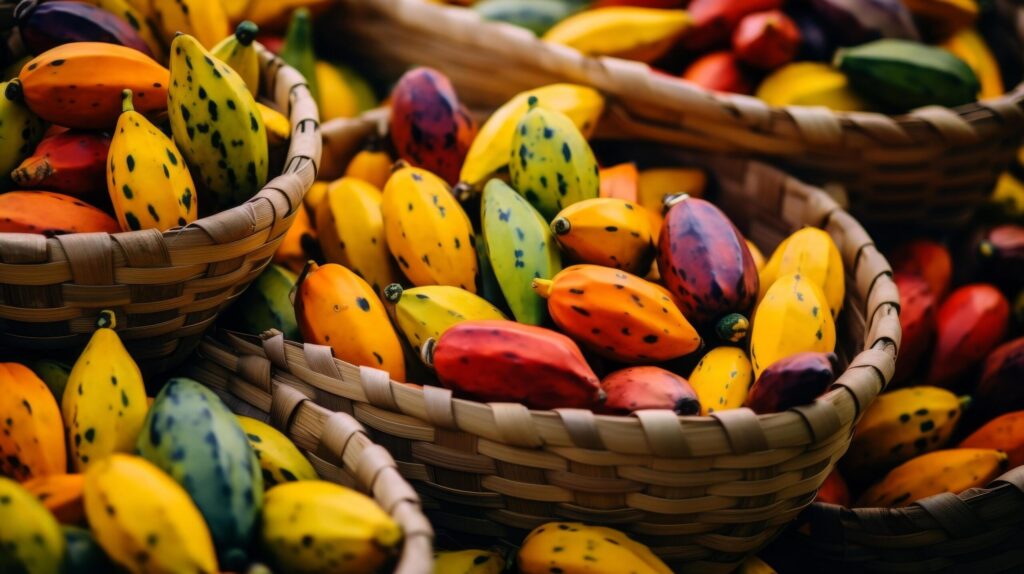 Baskets brimming with colorful and ripe pawpaws Free Photo