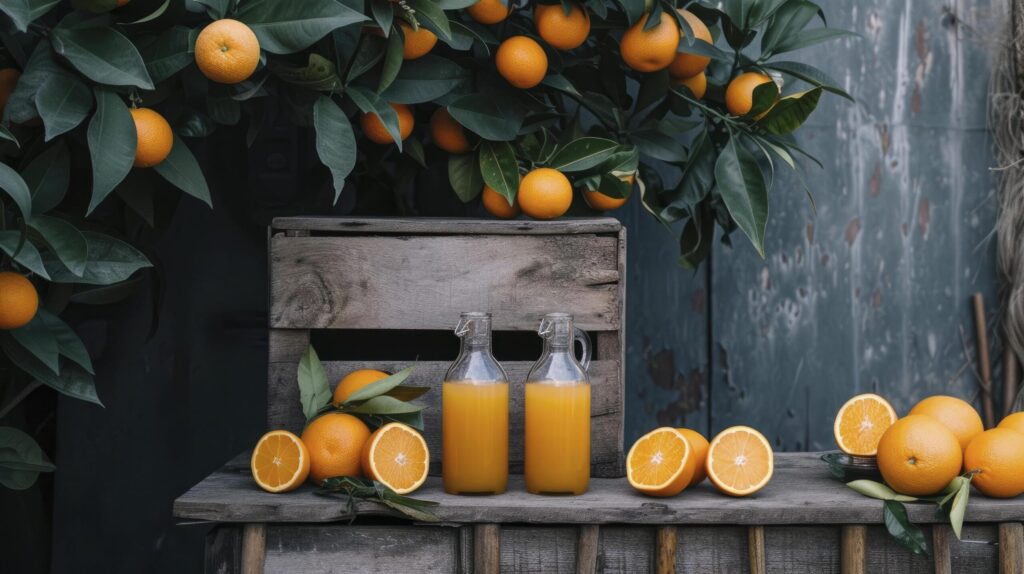 Battle of orange juice next to a tree with oranges on it Free Photo