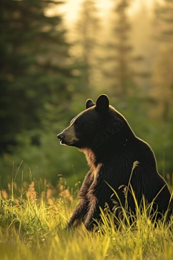 bear sitting amidst tall grass with a forest in the background, illuminated by the glow of sunlight Ai generated Free Photo