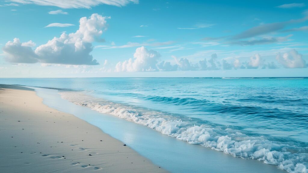 Beautiful beach scene with blue sky and fluffy clouds, ideal for travel brochures, vacation destinations, or relaxation themed designs. Free Photo