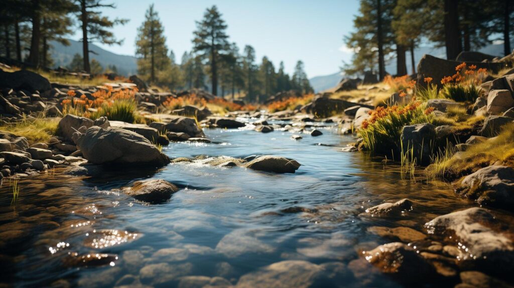 AI generated Beautiful close up ecology nature landscape with mountain creek. Abstract long exposure forest stream with pine trees and green foliage background. Stock Free