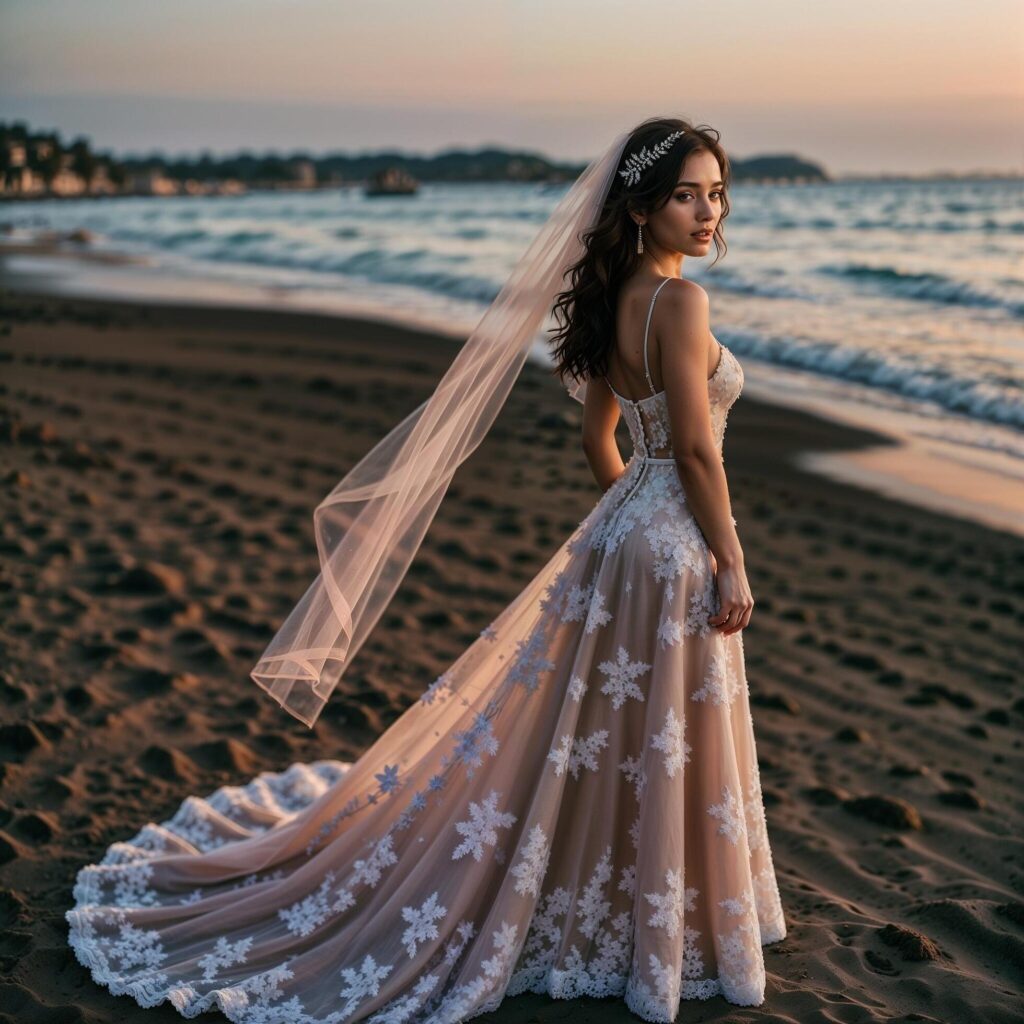 Beautiful Girl bride in a Pink white Sweetheart Tulle Long Prom Gown stands on a see beach. Free Photo