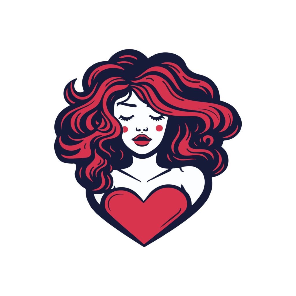 Beautiful girl with long curly hair and red heart. Vector illustration. Free Vector