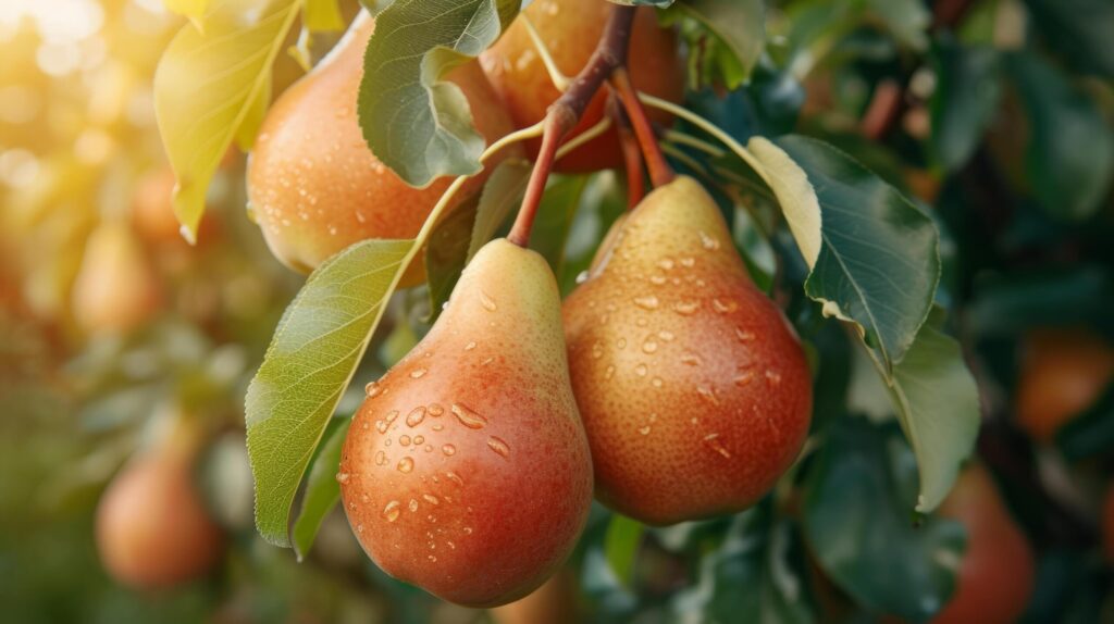 Beautiful juicy ripe pears hang on a branch in the summer garden Free Photo