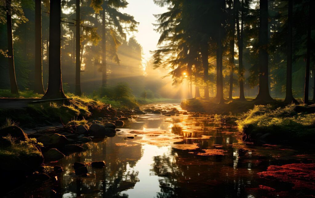 Beautiful landscape forest at dawn in the gentle light of the rising sun Light streaks across streams and rocks. Golden glow during the captivating sunset Free Photo