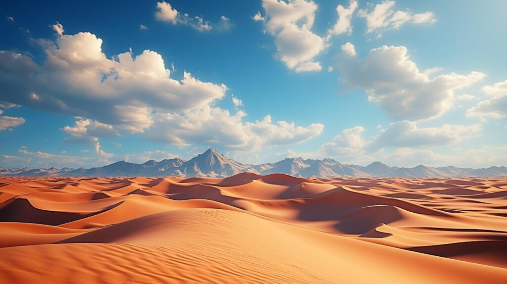 AI generated Beautiful landscape of desert dunes mountains with bright clouds sky. Minimal nature background. Stock Free