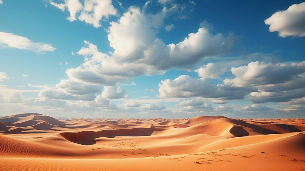 Beautiful landscape of desert dunes mountains with bright clouds sky. Minimal nature background. Free Photo